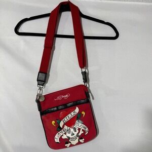Ed Hardy Red Crossbody Bag with Skull Design